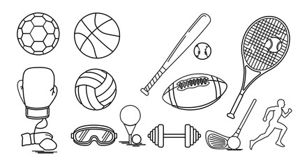 Sports equipment outline icons set collection of sport balls and accessories