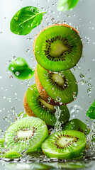 Fresh green kiwi slice with water drops, close-up macro shot showing juicy texture and freshness – 4K image