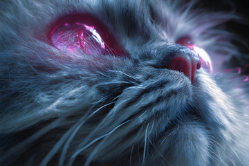 hyperrealistic fluffy cat with glowing neon eyes showcasing intricate futuristic details in a vibrant digital art design