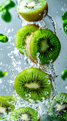 Fresh green kiwi slice with water drops, close-up macro shot showing juicy texture and freshness – 4K image