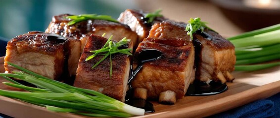 Tender grilled pork ribs topped with a flavorful sauce and fresh green herbs are served on a wooden platter, enticing food lovers