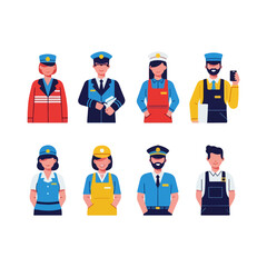 Diverse group of people in various professional uniforms.