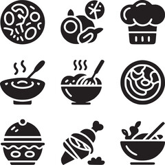 Nine black and white food icons including pizza chicken soup and chef hat arranged on a white background