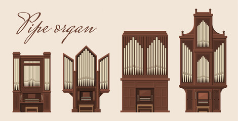 Pipe organ icon set church classical musical instrument