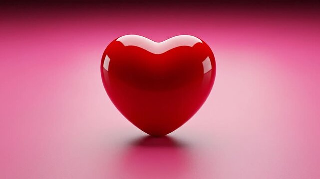 A vibrant, glossy red heart stands prominently against a softly gradient pink background, creating an atmosphere of warmth and affection. Its highly reflective, polished surface catches the light, pro