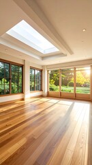 Obraz premium ​A bright, sunlit room with hardwood floors, large windows, and a skylight opening to a lush garden