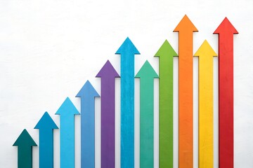 A vibrant rainbow of ascending arrows on a clean white surface symbolizes positive growth, increasing trends, and successful future development.