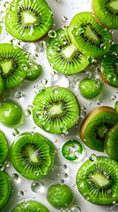 Fresh green kiwi slice with water drops, close-up macro shot showing juicy texture and freshness – 4K image