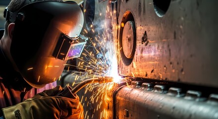 A welder wearing a protective mask and gloves intensely works on a metal structure, creating a shower of bright sparks.