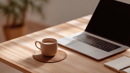 Modern workspace with laptop. Concept of remote work, freelance, and digital productivity.