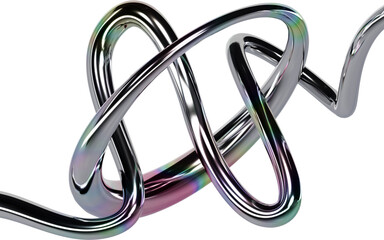 Abstract Chrome Loop Knotting with Iridescent Highlights Against a Transparent Background in a Rendered Three Dimensional Design