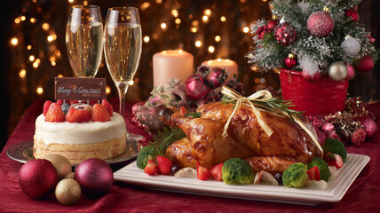 ローストとケーキが並ぶクリスマス食卓
