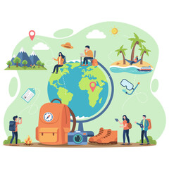 Global travel and tourism concept with a world map and people hiking, relaxing on the beach, and planning a trip, emphasizing adventure and exploration.