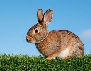 Fototapeta premium Cute easter rabbit sticking out green grass corner on blue sky background with empty space for text or product, easter bunny in the grass