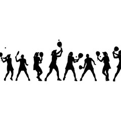 Silhouettes of women playing pickleball in a competitive match.