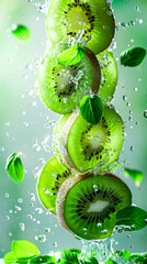 Fresh green kiwi slice with water drops, close-up macro shot showing juicy texture and freshness – 4K image