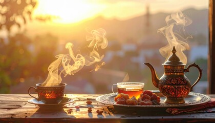 Fototapeta premium A serene sunset scene featuring steaming tea and pastries on a wooden table, with mountains in the background