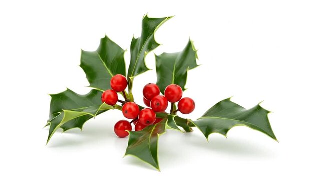 A vibrant sprig of classic holly, adorned with glossy, deep green leaves and clusters of bright, cheerful red berries, elegantly rests on a pristine white background. This natural and traditional bota