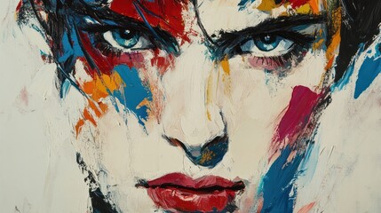 Abstract portrait of a woman's face, vibrant colors, close up, artistic expression