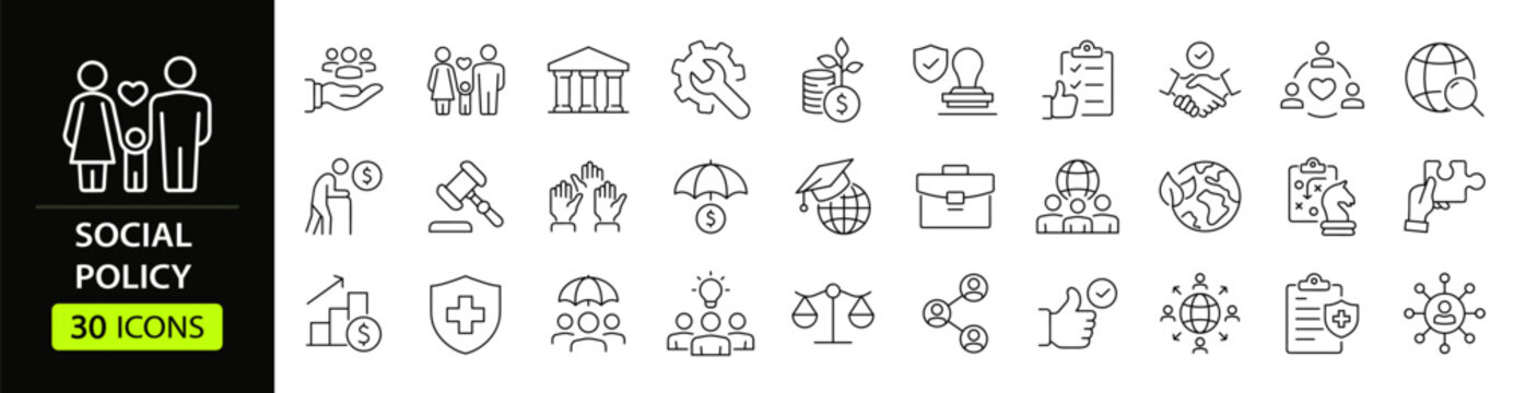 Social policy Web Icon Set in Line Style. Collection of Social services Linear Icons, Including, healthcare, family, education, protection, law, insurance, healthcare, reform and more. Editable Stroke