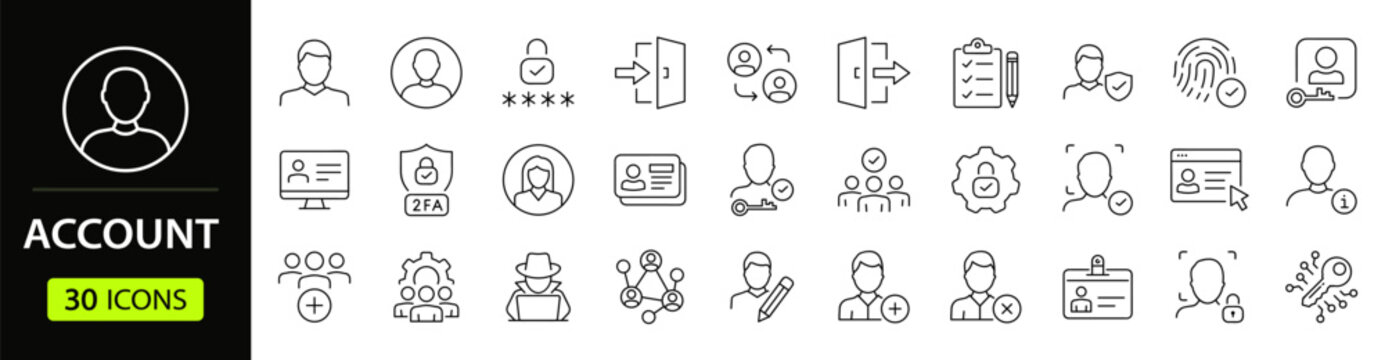 User Account Web Icon Set in Line Style. Collection of User profile Linear Icons, Including Profile, avatar, login, password, username, add friend, access, connect and more. Editable Stroke