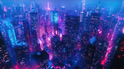 Futuristic city skyline, vibrant neon lights, aerial view, digital art, stock photo