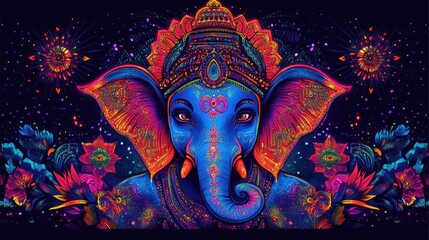 Vibrant Ganesh, cosmic, floral, glowing, artistic portrait