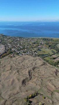 Beautiful view of the lake. Landscape of lake Sevan by drone 