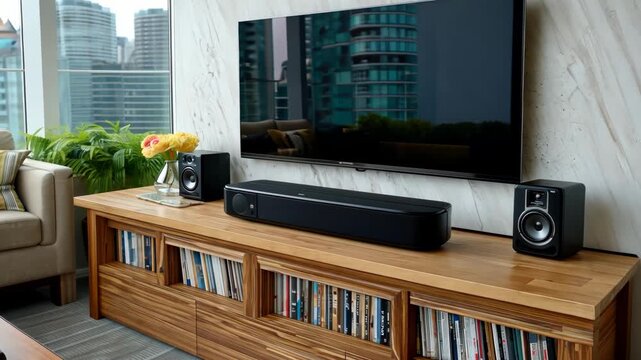 Enjoy a stylish living room featuring a soundbar and surround speakers, perfect for enhancing music and movie experiences in comfort