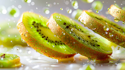 Fresh green kiwi slice with water drops, close-up macro shot showing juicy texture and freshness – 4K image