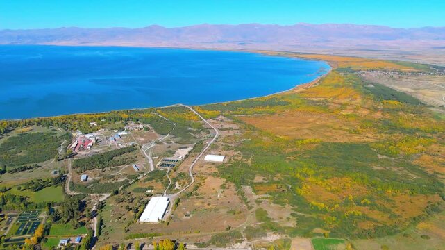 Beautiful view of the lake. Landscape of lake Sevan by drone 