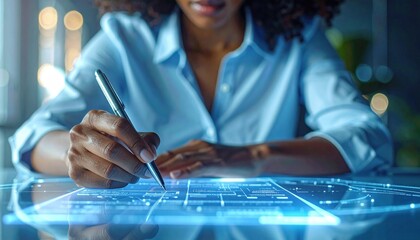 A woman in a blue shirt interacts with a digital interface, showcasing advanced technology in a modern workspace