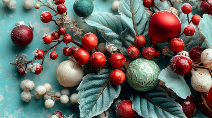 Festive holiday arrangement featuring frosted berries, decorative ornaments, and textured leaves evokes a sense of wintertime cheer and seasonal celebration.
