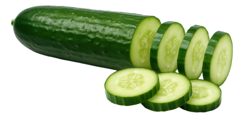 Fresh cucumber with textured green skin and several evenly sliced rounds.
