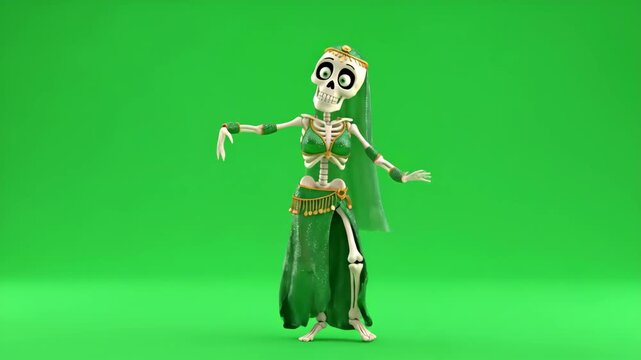 Funny Skeleton Belly Dancer on Green Screen - A cartoon skeleton character dressed in a belly dancing outfit performs on a green background. The skeleton is smiling and has a veil.