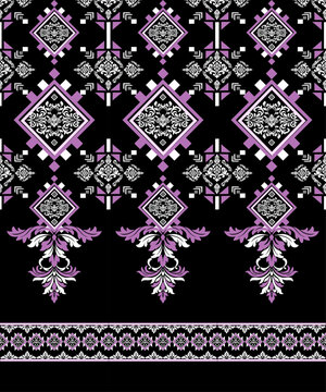Luxury seamless damask vector pattern in purple, white, and black with baroque and floral motifs, suitable for fabric design, wallpaper, and elegant packaging backgrounds.