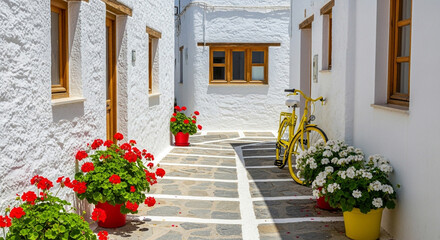 Charming greek street scene with white walls, colorful flowers, and a yellow bicycle creating a picturesque mediterranean view