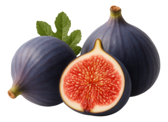 Two whole figs and one halved fig with vibrant red flesh, accompanied by green fig leaves.