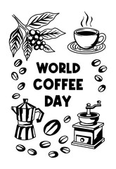 hand drawn world coffee day isolated on white background