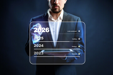 Businessman reviewing project timelines with futuristic interface in 2023