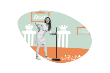 Collage young houseworker service duty job back pain suffer ache spine rheumatism osteoporosis interior cleanup drawing background