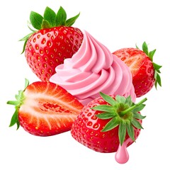 A cluster of ripe strawberries with a swirl of pink, creamy dessert