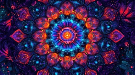 Abstract Mandala Design, Vivid Colors, Symmetrical Pattern, Digital Art, Background Image, Visual Art,  Suitable for posters, websites, or phone wallpapers
