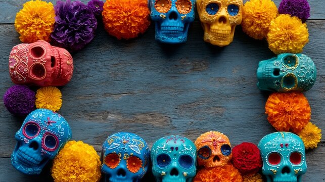 Colorful sugar skulls surrounded by vibrant marigold flowers on a rustic wooden table