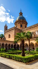 Architectural photo of building with dome and palm trees