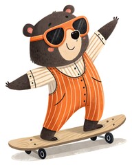 Cool bear wearing orange striped outfit and sunglasses rides a skateboard. Fun and playful cartoon illustration full of energy. Perfect for children, sport, and adventure designs
