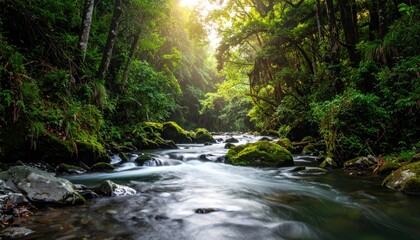 Serene river flowing through lush green forest with sunlight filtering through tree canopy