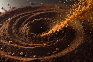 Fine dark ground coffee creates a mesmerizing spiral pattern with scattered beans, as vibrant golden powder softly cascades and adds rich color.