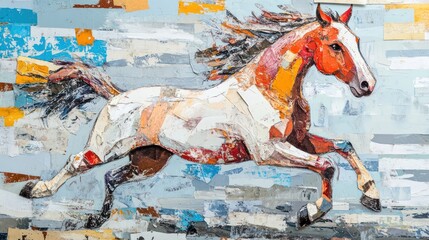 Abstract painting of a running horse, colorful collage, textured background. Possible use Stock photo