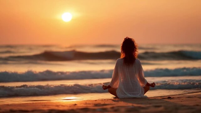 Tranquility on the Shore: A woman practices meditation, facing a setting sun. Capturing a moment of peace and self-reflection as waves gently caress the shore.